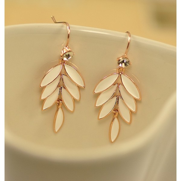 E-3069 Korea Style Gold Plated Alloy Clear Rhinestone Enamel Leaves Stus Earrings