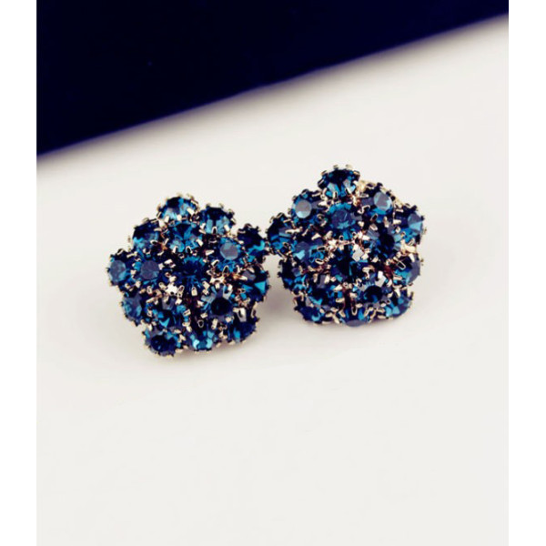 E-3065 Korea Style Gold Plated Alloy Royalblue Rhinestone Flower Studs Earrings