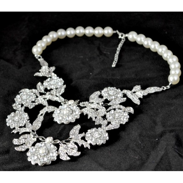 N-3759 Fashion style silver plated alloy pearl chain rhinestone leaves connected choker necklace for wedding occasion