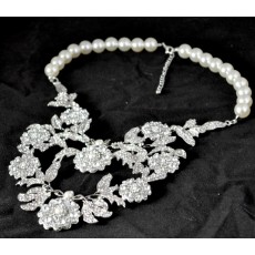 N-3759 Fashion style silver plated alloy pearl chain rhinestone leaves connected choker necklace for wedding occasion