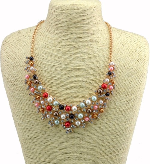 N-3599 Fashion Korea Style Gold Plated Alloy White/colorful Pearl Clear Rhinestone Flower Wedding Necklace