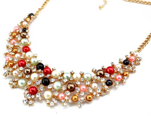 N-3599 Fashion Korea Style Gold Plated Alloy White/colorful Pearl Clear Rhinestone Flower Wedding Necklace