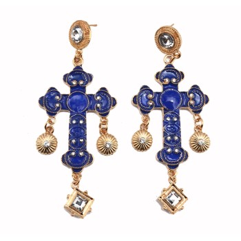 E-3073 European Fashion Gold Plated Metal Enamel Cross Square Crystal Flower Dangle Earrings