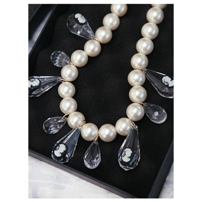 N-3764 Europe Style Big White Pearl Chain Crystal Drop Tassels Carving Queens Choker Necklace
