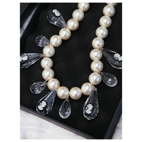 N-3764 Europe Style Big White Pearl Chain Crystal Drop Tassels Carving Queens Choker Necklace