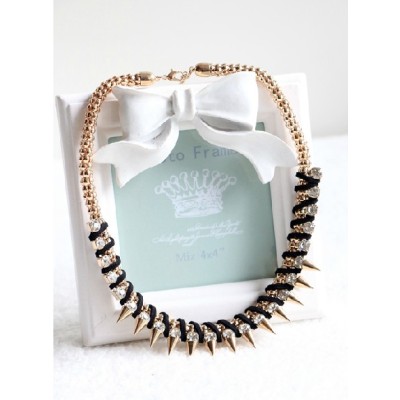 N-3763 European Style Gold Plated Snake Chain Leather Rhinestone Rivets Necklace