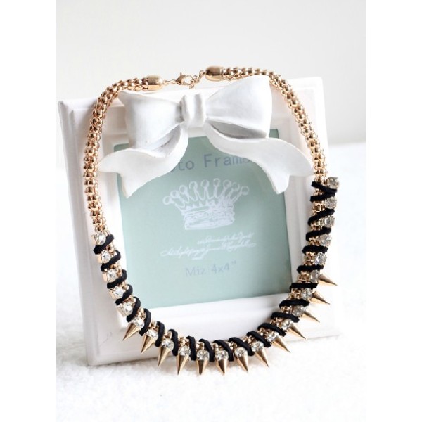 N-3763 European Style Gold Plated Snake Chain Leather Rhinestone Rivets Necklace