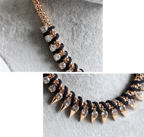 N-3763 European Style Gold Plated Snake Chain Leather Rhinestone Rivets Necklace