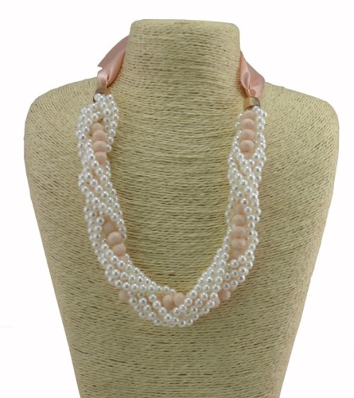 N-3766 Korea Styl Blue Pink Yellow Acrylic Silk Chain White Pearl Chain Multilayer Necklace