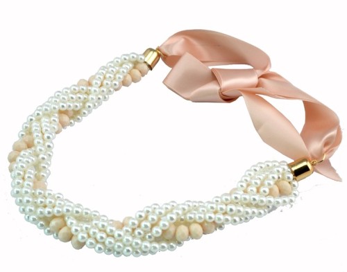 N-3766 Korea Styl Blue Pink Yellow Acrylic Silk Chain White Pearl Chain Multilayer Necklace