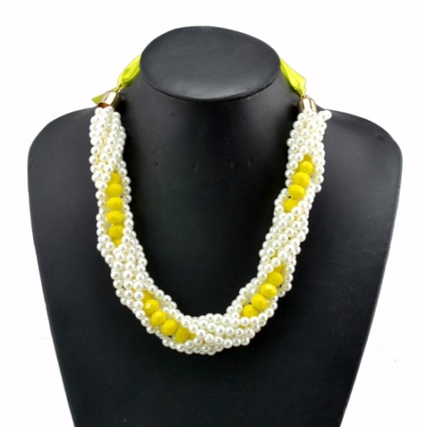 N-3766 Korea Styl Blue Pink Yellow Acrylic Silk Chain White Pearl Chain Multilayer Necklace