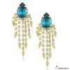 E-3063  European Style Gold Plated Alloy Blue Drop Crystal Rhinestone Rivets Tassels Dangel Earring