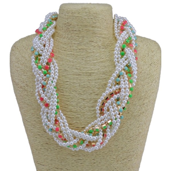 N-3772 Korea Style All-match Colorful Resin Gem Faux Pearl Multilayer Weave Necklace