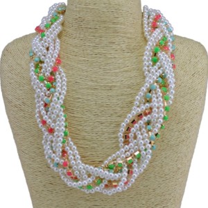N-3772 Korea Style All-match Colorful Resin Gem Faux Pearl Multilayer Weave Necklace
