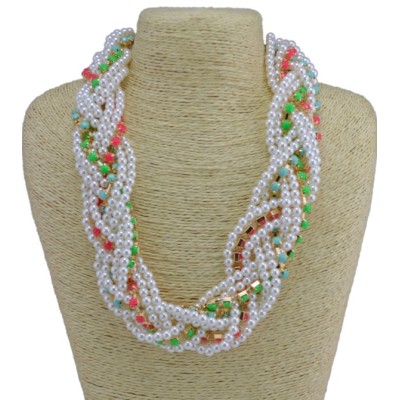 N-3772 Korea Style All-match Colorful Resin Gem Faux Pearl Multilayer Weave Necklace