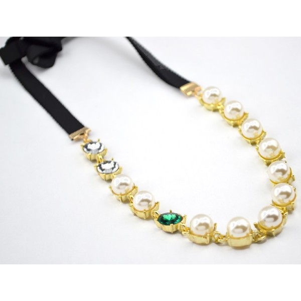 F-0138 Korea Style  Double Black Ribbon Chain Pearl Crystal Hair band
