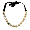F-0138 Korea Style  Double Black Ribbon Chain Pearl Crystal Hair band