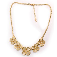 N-0168 Korea Style Gold Plated Alloy  Rhinestone Heart Opal Four Leaf Clover Necklace