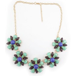 N-3774 European Style Gold Plated Alloy  Blue Purple Resin Gem Opal Flowers Necklace