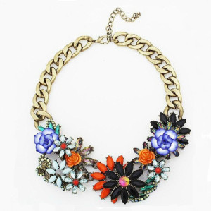 N-3775 European Style Bronze Alloy Link Chain Colorful Resin Gem Crystal Flowers Necklace