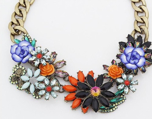 N-3775 European Style Bronze Alloy Link Chain Colorful Resin Gem Crystal Flowers Necklace