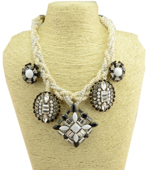 N-3776 European Style Multilayer Beads Chain Rhinestone Crystal Resin Gem Flower Tassels Statement Necklace