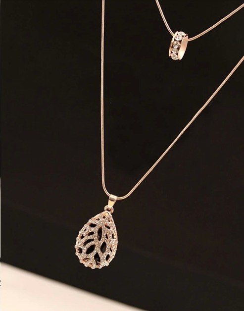 N-2391 Korea Style Gold Plated Alloy Double Chains Rhinestone Hoop Hollow Out Flower Drop Pendant Necklace