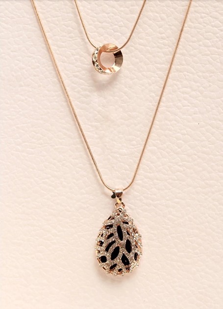 N-2391 Korea Style Gold Plated Alloy Double Chains Rhinestone Hoop Hollow Out Flower Drop Pendant Necklace