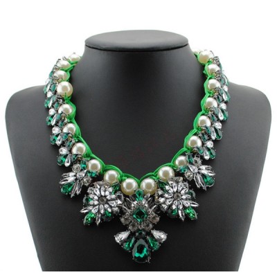 N-3779 European Style Gun Black Alloy Faux Pearl Handcraft Chain Crystal Rhinestone Resin Gem Flowers Choker Necklace