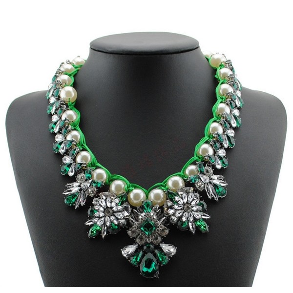 N-3779 European Style Gun Black Alloy Faux Pearl Handcraft Chain Crystal Rhinestone Resin Gem Flowers Choker Necklace