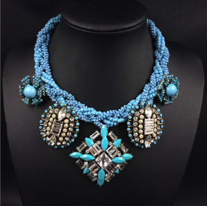 N-3776 European Style Multilayer Beads Chain Rhinestone Crystal Resin Gem Flower Tassels Statement Necklace