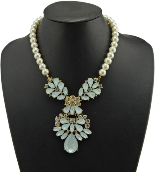N-3781 European Style Gold Plated Alloy Pearl Chain Resin Rhinestone Leaves Flower Pendant Necklace