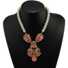 N-3781 European Style Gold Plated Alloy Pearl Chain Resin Rhinestone Leaves Flower Pendant Necklace