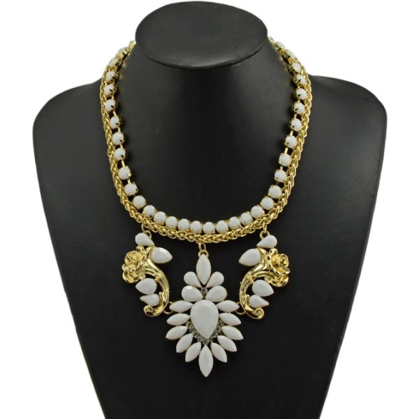 N-3780 European Style Gold Plated Alloy Resin Gem Snake Chain  Rose Flower Drop Pendant Necklace