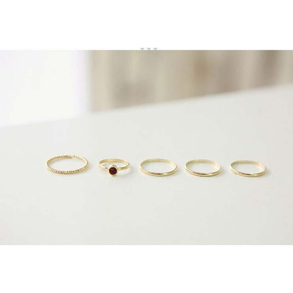R-1120 Korea Style Gold Plated Red Rhinestone 5pcs Nail Ring Set For Women