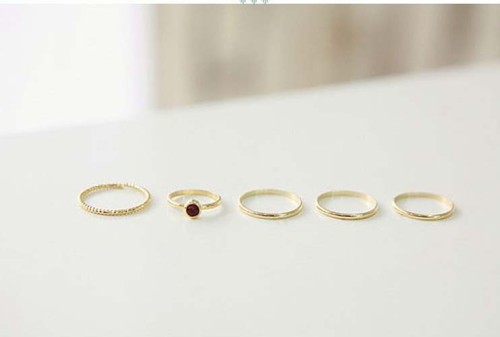 R-1120 Korea Style Gold Plated Red Rhinestone 5pcs Nail Ring Set For Women