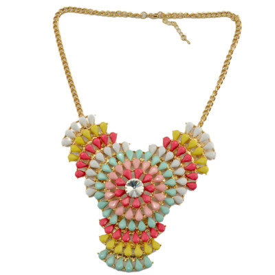 N-3784 European Style Gold Plated Alloy Colorful Resin Gem Flower Crystal Statement Necklace