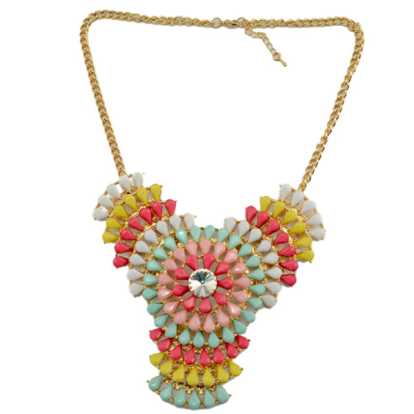 N-3784 European Style Gold Plated Alloy Colorful Resin Gem Flower Crystal Statement Necklace