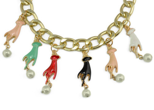 N-3786 European Style Gold Plated CCB Link Chain  Enamel Hands Pearl Tassels Necklace