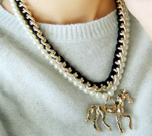 N-3787 European Style Gold Plated CCB Ribbon Pearl Double Chains Horse Pendant Necklace