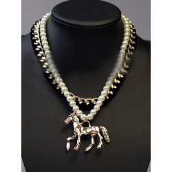 N-3787 European Style Gold Plated CCB Ribbon Pearl Double Chains Horse Pendant Necklace