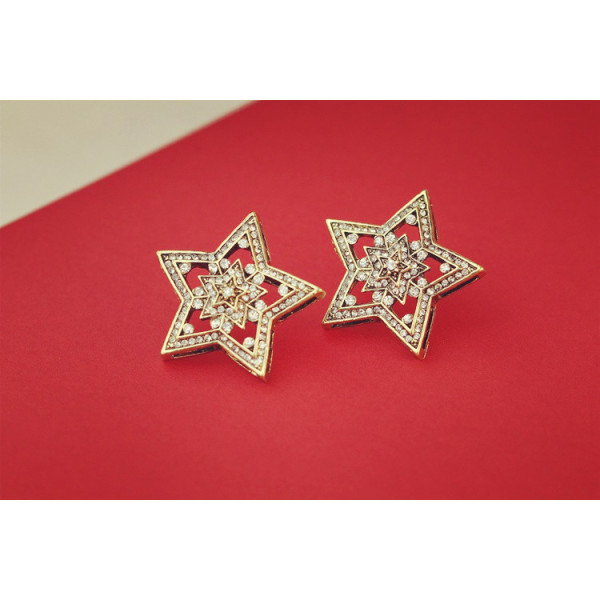 E-3076 Vintage style fashionable bronze alloy big brilliant rhinestone double stars stud earrings