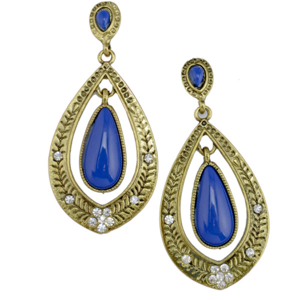 E-3077 Vintage style Bronze Carving Alloy Rhinestone Flower Resin Gem Drop Stud Earrings
