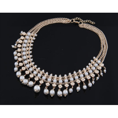 N-3793Korea Style Gold PLated Alloy Brilliant Multilayer Pearl tassels Choker Necklace