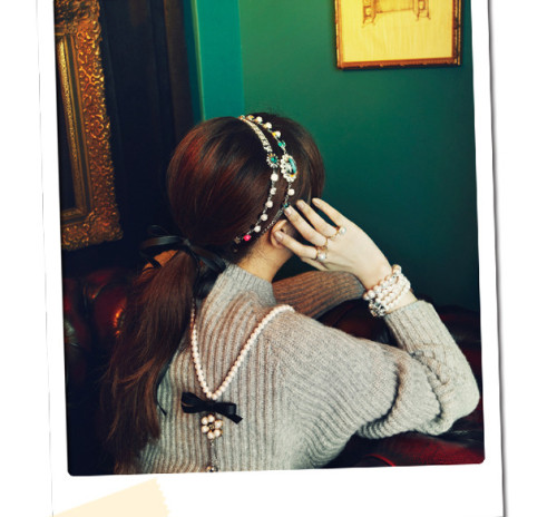 F-0142  Korea Style Silver Plated Link Chain Pearl Crystal Rhinestone Flower Hair band Hair Accessory