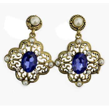 E-3082 Vintage style Bronze Alloy Pearl Crystal Hollow Out Flower Dangle Earrings