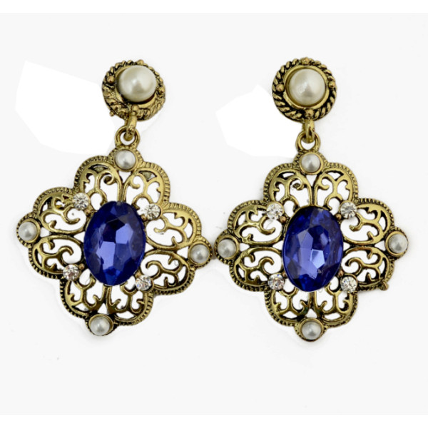 E-3082 Vintage style Bronze Alloy Pearl Crystal Hollow Out Flower Dangle Earrings