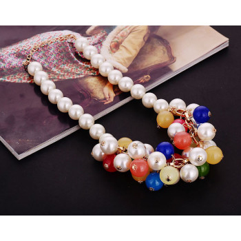 N-3765 Europe Style Gold Plated Alloy Link Chain Multicolor Pearl Chain Crystal Drop Tassels Pendant Necklace