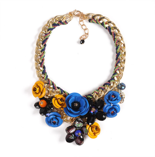 N-3809 Europe style gold plated woven handmade coarse chain luxury print metal flower colorful crystal beads exaggerated statement necklace
