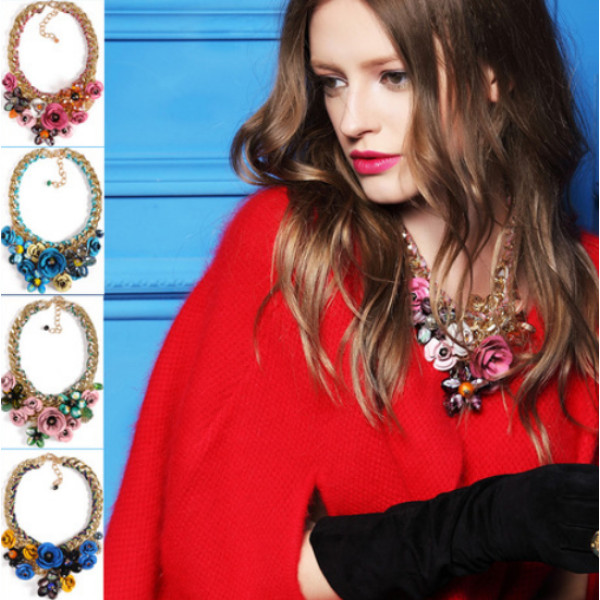 N-3809 Europe style gold plated woven handmade coarse chain luxury print metal flower colorful crystal beads exaggerated statement necklace